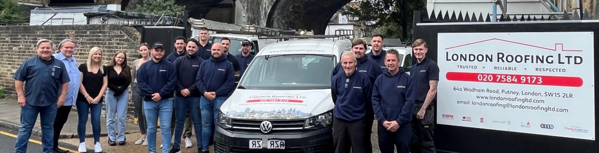 The whole London Roofing team at our family-run business premises in Putney serving most London boroughs